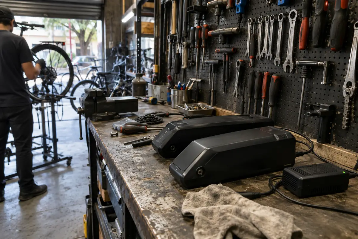 Bancada da oficina com baterias de bike elétrica e ferramentas na parede