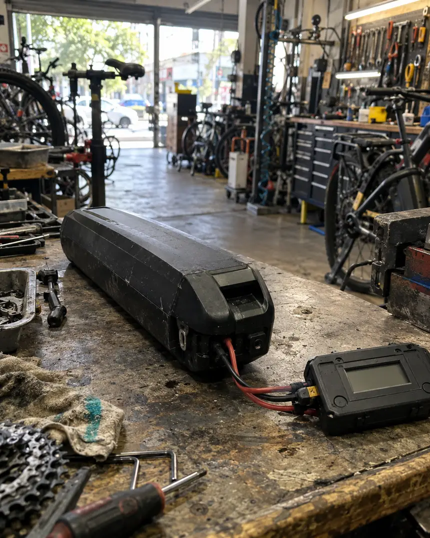 Bateria de bike elétrica ligada a um testador sobre a bancada da oficina
