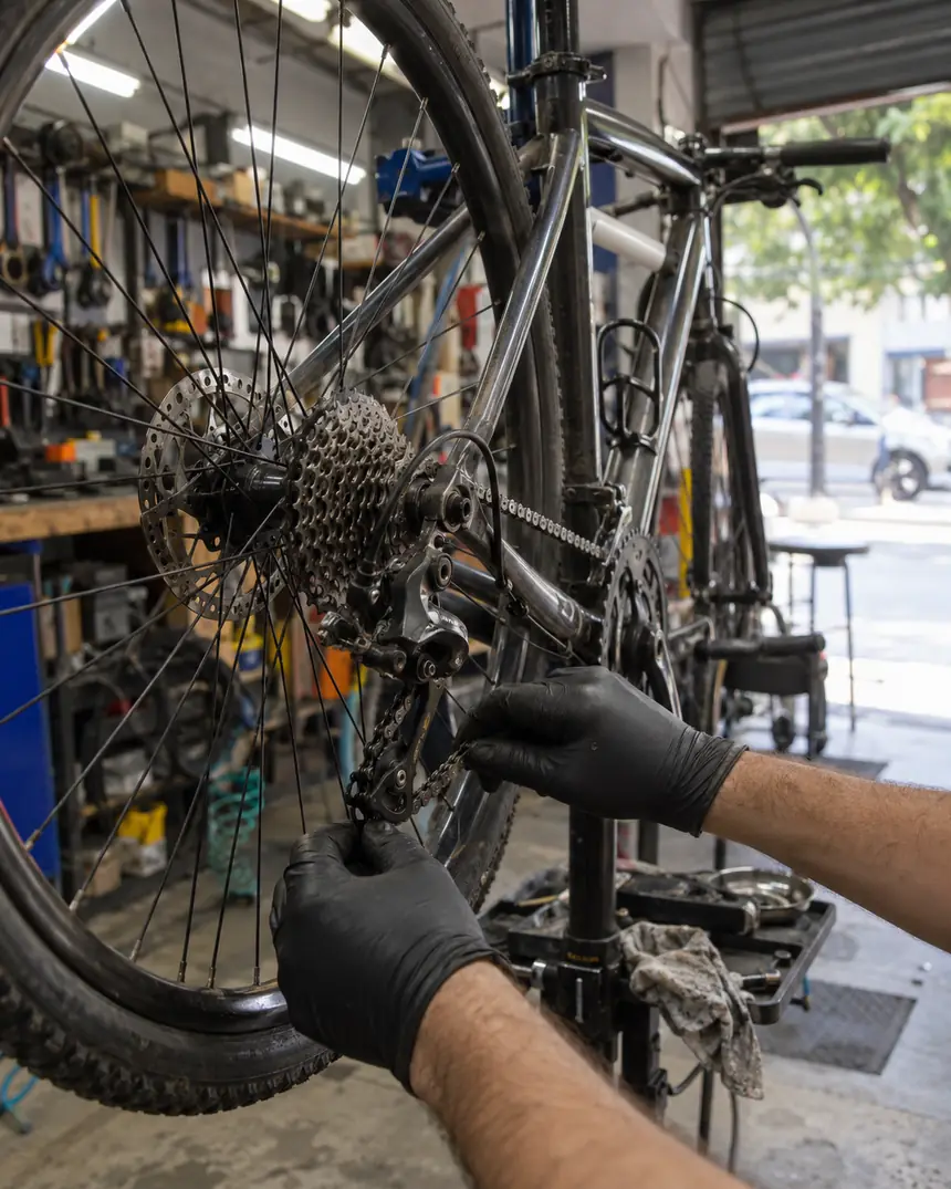Mãos com luvas ajustando o câmbio traseiro de uma bike comum no suporte da oficina